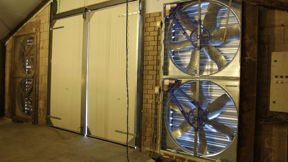 Iedere stal beschikt over vier ventilatoren in de achterwand. „Wanneer het te warm wordt, kan ik de grote deuren open doen en daar één of meerdere extra ventilatoren neerzetten”