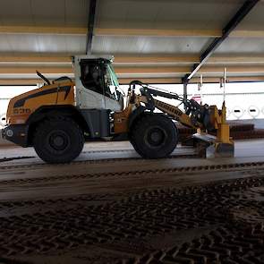 Vrijdag 18 april wordt met een shovel het zand in de stal vlak geschoven voordat het beton wordt gestort.