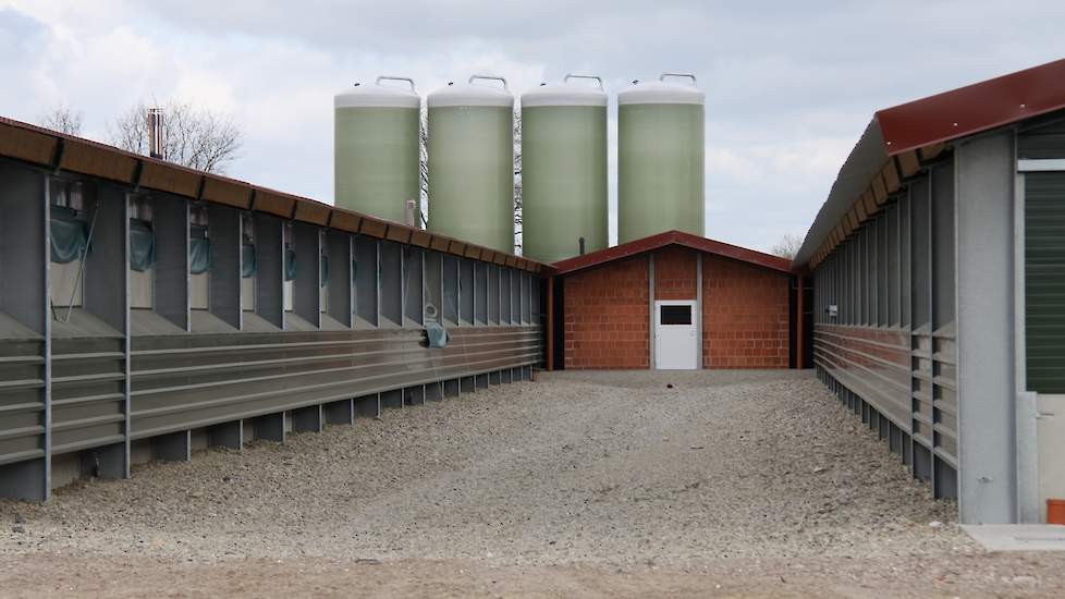 Het voerhok bevindt zich tussen beide nieuwbouwstallen. Aan de voorkant van de stallen staan 4 silo’s van ieder 40 kuub voor ongeveer 27 tot 28 ton. Eén silo is voor het hennenvoer, één voor het hanenvoer, één voor tarwe en de laatste is voor eindvoer dat