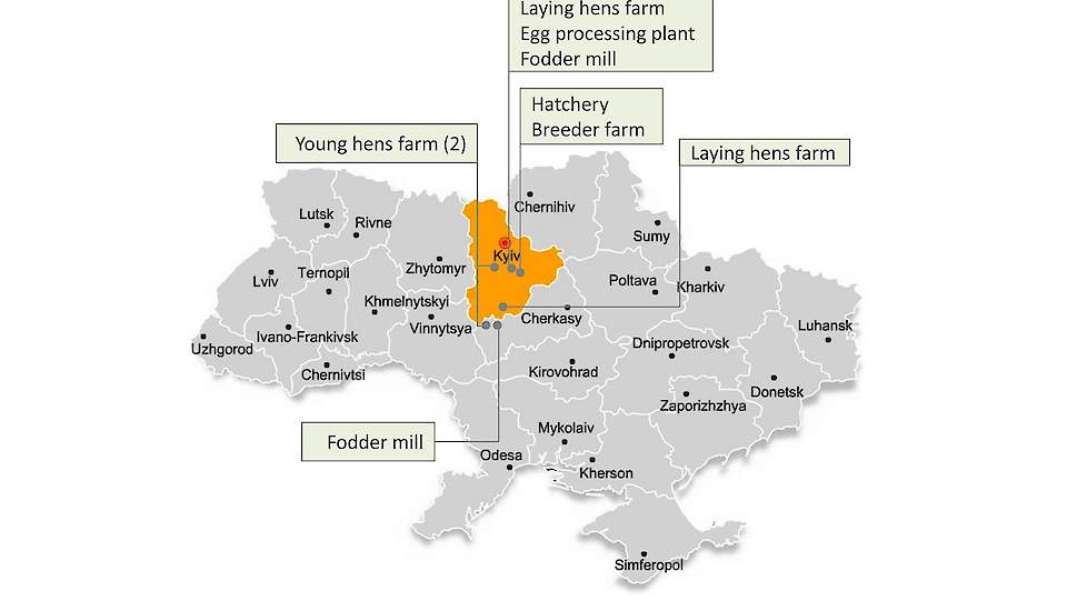 Het hoofdkantoor is gevestigd in Kiev, een productielocatie in Kiev op 40 minuten afstand en de tweede in Cherkasy op 130 km afstand. In totaal een ouderdierbedrijf, een broederij, twee opfok- en twee legbedrijven voor in totaal 8 miljoen hennen, twee voe