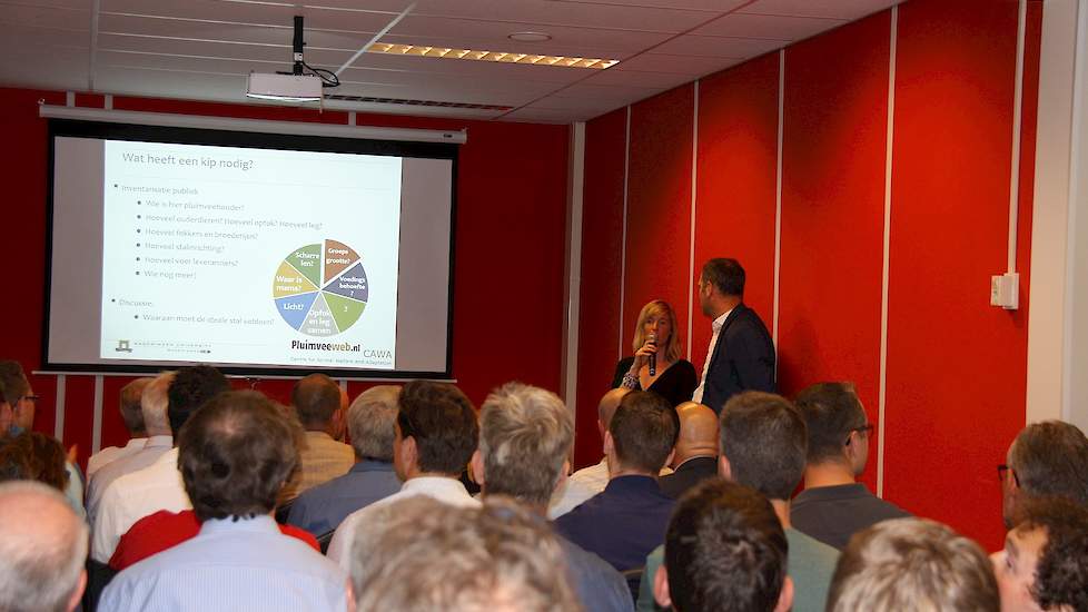 Wageningen UR onderzoekster Dr. Elske de Haas, die promoveerde op verenpikken bij leghennen leidde de workshop ‘Samen de ideale stal voor onbehandelde leghennen ontwikkelen’. Dit was het eerste onderdeel van de avond. Verlichting werd door veel bezoekers