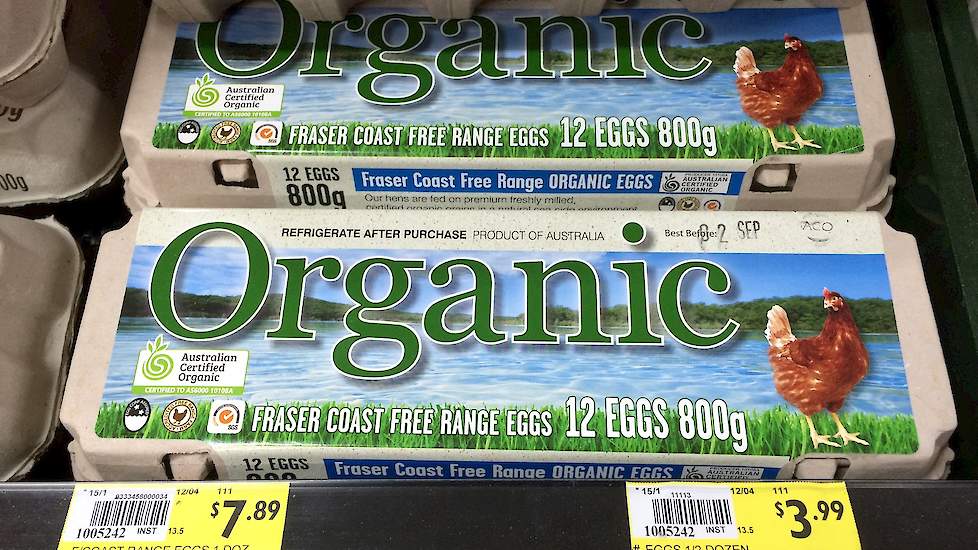 In de Spar supermarkt in Hervey Bay is een doosje Fraser Coast Free Range Organic eggs geprijsd voor $ Aus 7,89; dat is € 5,30 dus 44 eurocent per stuk.