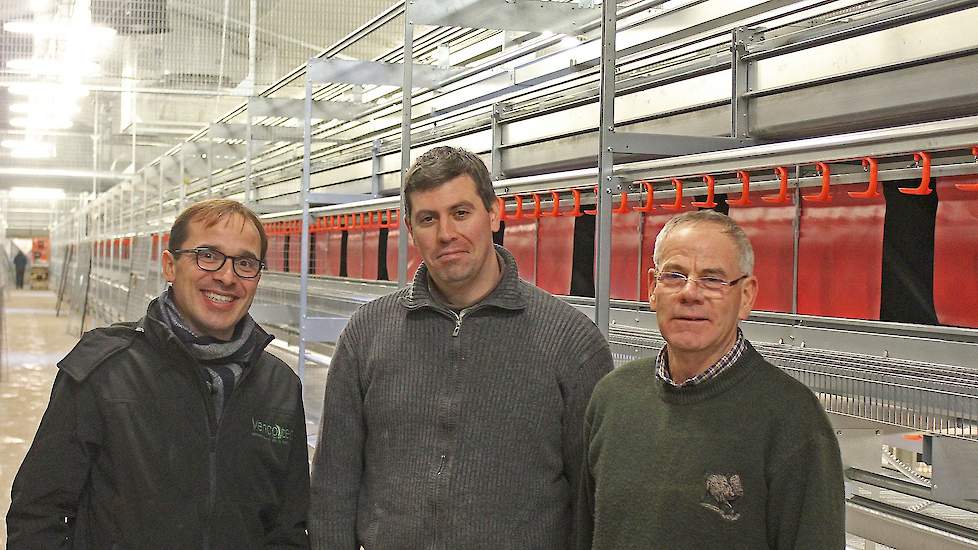 Johan en Pierre Devaux ontvangen dinsdag 20 december 2016 de eerste behandelde bruine hennen in hun nieuwe stal.