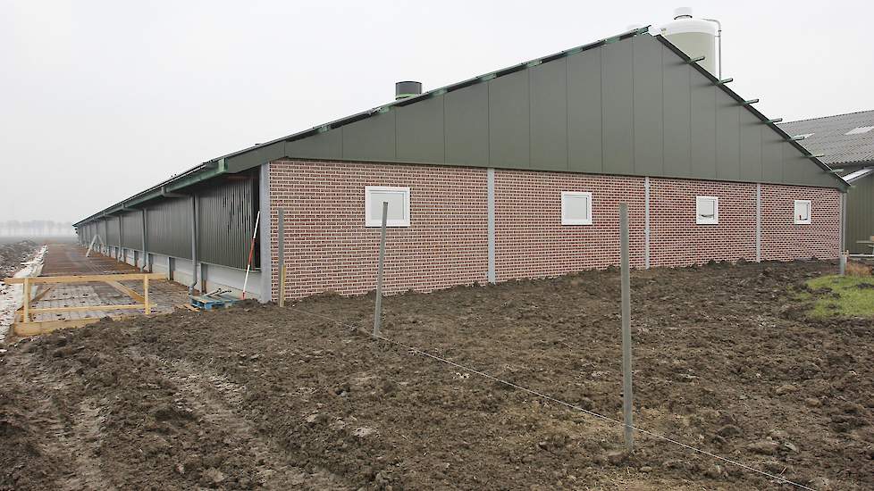 De eerste paar meter naast de overdekte uitloop laat Atzema beton storten om te zorgen dat de klei beter buiten de stal blijft. Ook is het onderdeel van de Maatlat Duurzame Veehouderij. Het gaas voor de overdekte uitloop moet nog opgezet worden.