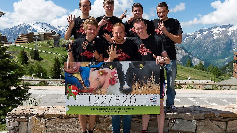 De volgende dag poseert het team Boerenjongens met de cheque die zij over de finish hadden mogen dragen. De nieuwe tussenstand € 1.227.980! Ruim 12 procent van het voorlopige eindbedrag van Alpe d'HuZes, € 10.021.548,86.