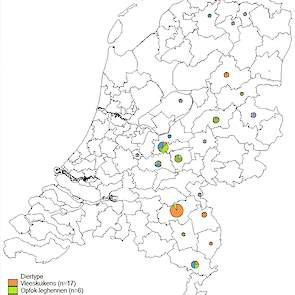 Figuur (kaart) Locatie van klinische ILT op basis van de eerste twee cijfers van de postcode in 2018 onderverdeeld naar diertype. Aantallen betreffen vrijwillige meldingen bij GD.