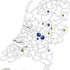 Figuur (kaart): locatie van Coryza-uitbraken op basis van de eerste twee cijfers van de postcode in 2018, onderverdeeld in commercieel, commercieel (drager) en hobby. Aantallen op basis van vrijwillige meldingen bij GD via het Early Warning System. Het be