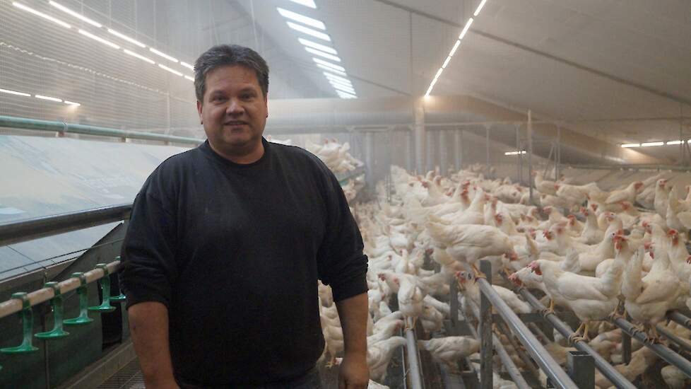 Eric Hubers in zijn nieuwste stal. In zijn oudere stallen heeft hij al zes jaar hogedruk nevelkoeling. „De koeling bevalt heel goed. In zes jaar hebben we drie zomers de koeling echt nodig gehad vanwege extreme zomertemperaturen. De geringe investeringsko