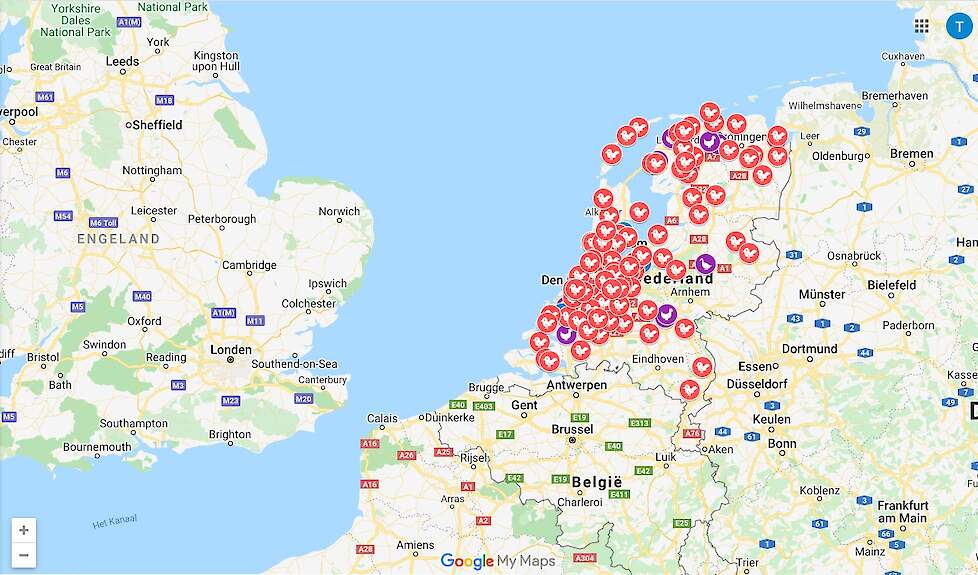 Verspreiding van vogelgriep in Nederland in 2020. Bron: Wageningen Bioveterinary Research.