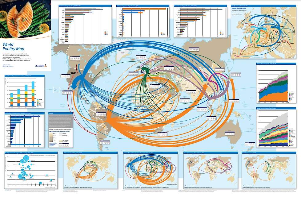 De World Poultry Map van RaboResearch waarin de wereldwijde handelsstromen in pluimveevlees geschetst worden.